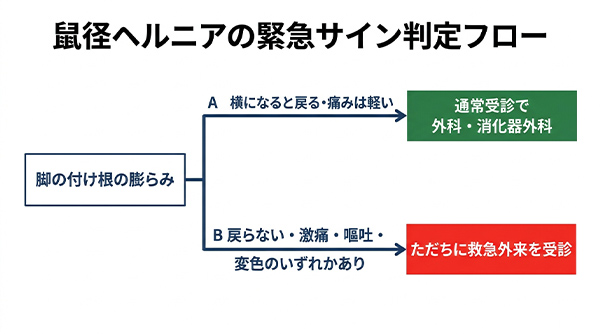 鼠経ヘルニアの緊急サイン判定フロー